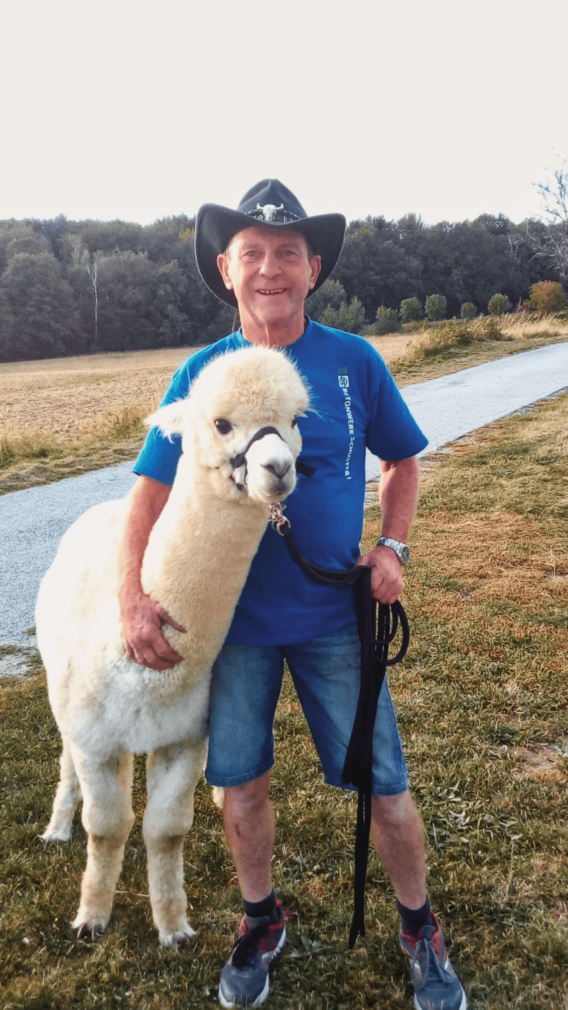 Bauer mit Alpaka auf Wiese
