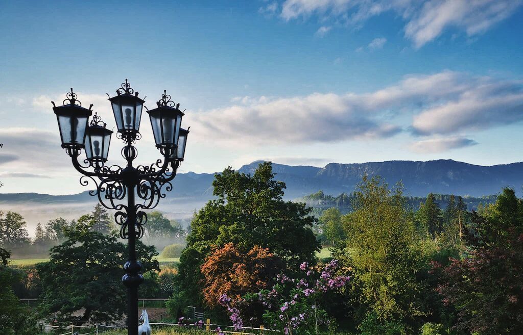 Blick von einem schönen Garten auf ein Bergpanorama